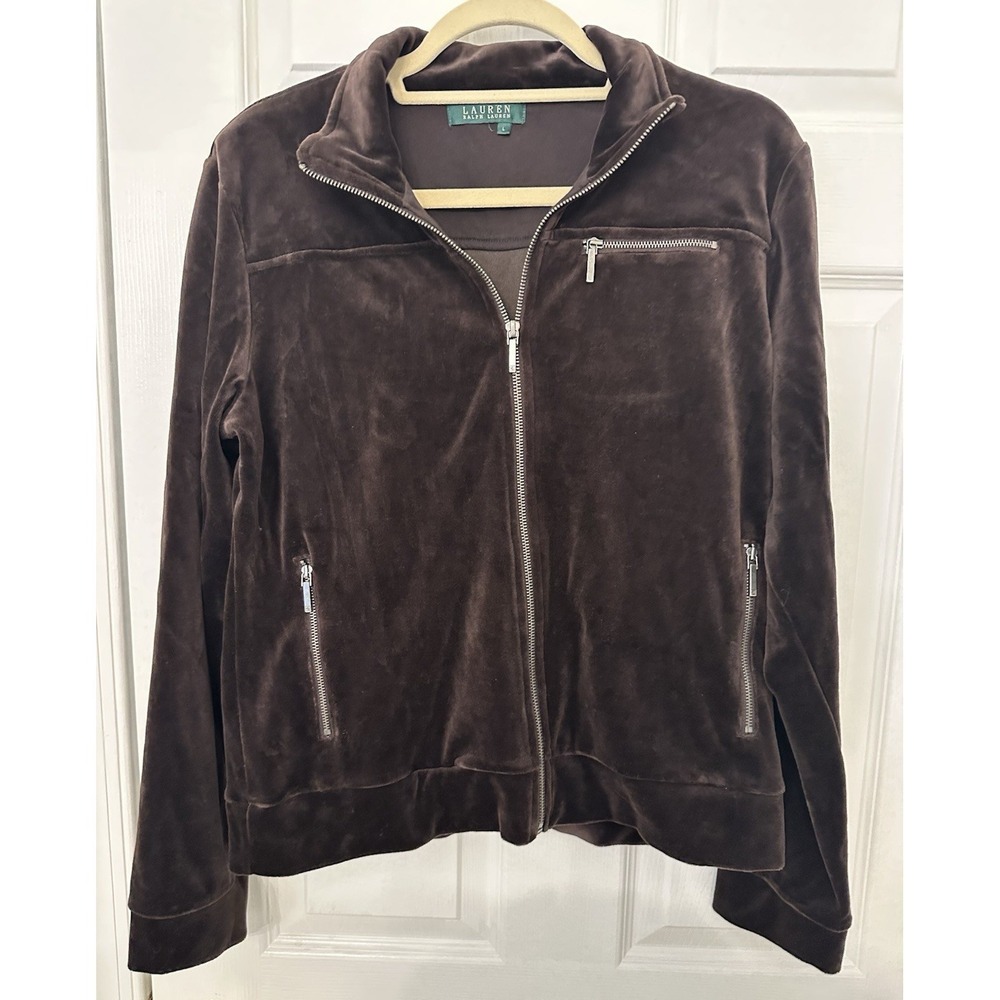 Lauren Ralph‎ Lauren Brown Velour Velvet Full Zip Jacket Womens Large L Pocket